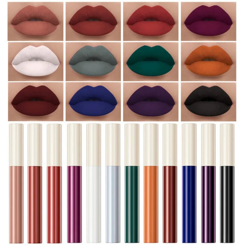 12Pcs/Set Liquid Lip Gloss Set Long Lasting Non-Stick Cup High Pigmented Makeup Matte Silky Velvet Lipstick Maquiagem Glitter