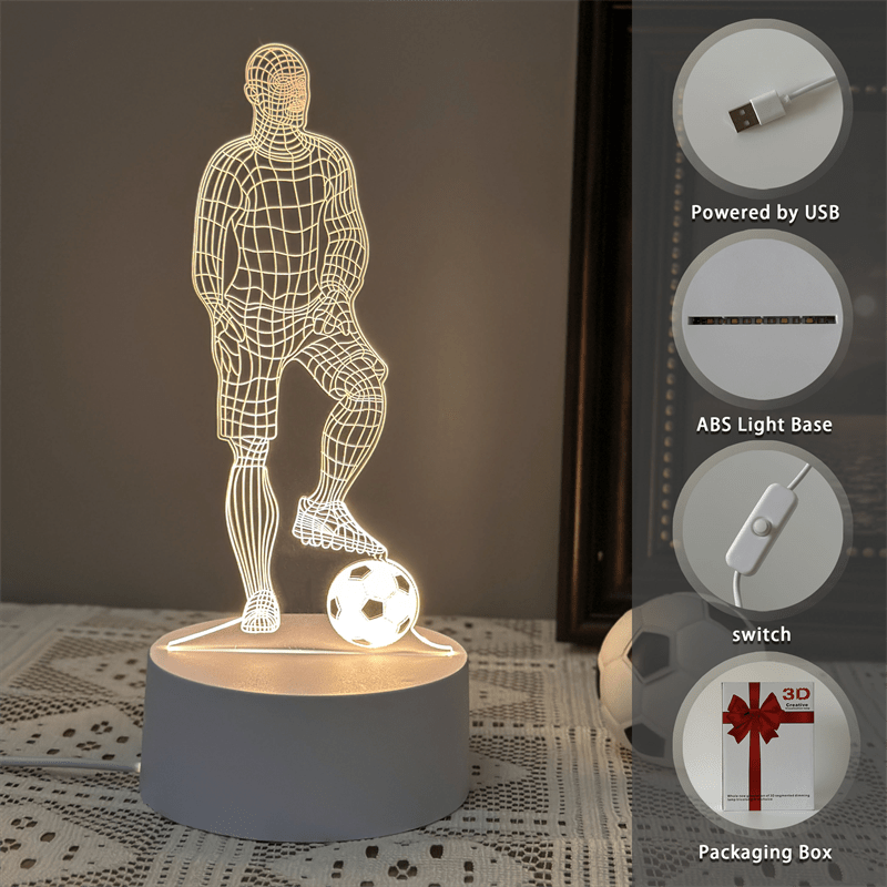 1pc Acrylic 3D Soccer Player LED Night Light with USB Power - Monochrome Kick Soccer Lamp for Bedroom Decor, Birthday, Valentine's, Christmas & Graduation Gift