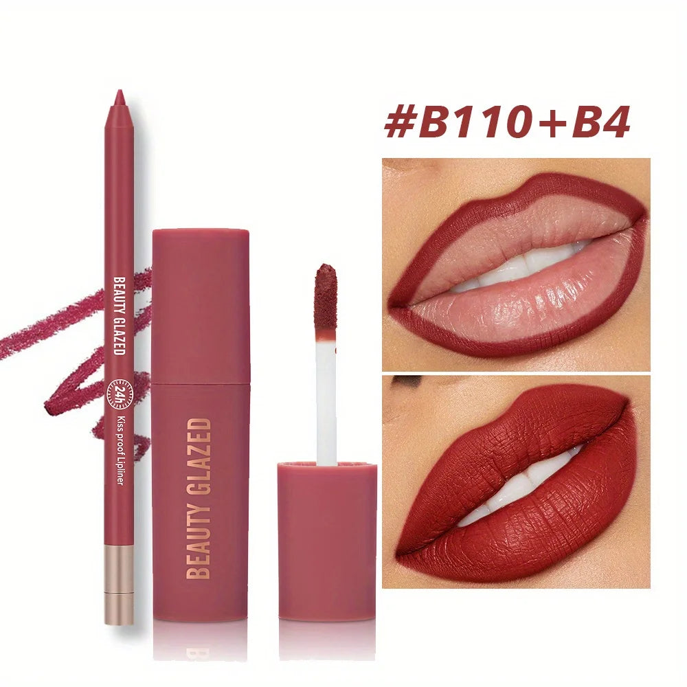 2Pcs Set Nude Lip stick and Lip Liner set, Matte long-lasting Waterproof Lip Gloss Lipstick & Lipliner Cosmetics