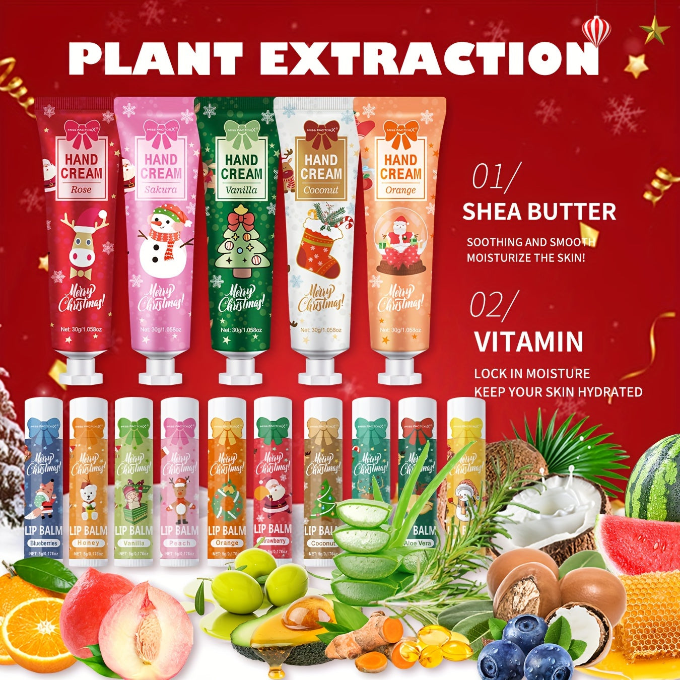 Miss FactorX Christmas Gift Set - 40pcs Moisturizing Lip Balm & Hand Cream Combo with Greeting Cards, Organza Bags for Party Favors & New Year's Presents,
