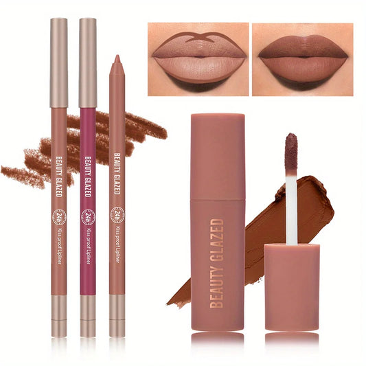 2Pcs Set Nude Lip stick and Lip Liner set, Matte long-lasting Waterproof Lip Gloss Lipstick & Lipliner Cosmetics