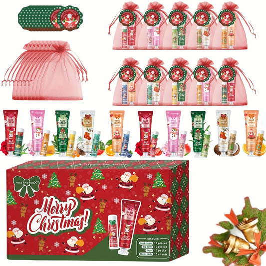 Miss FactorX Christmas Gift Set - 40pcs Moisturizing Lip Balm & Hand Cream Combo with Greeting Cards, Organza Bags for Party Favors & New Year's Presents,